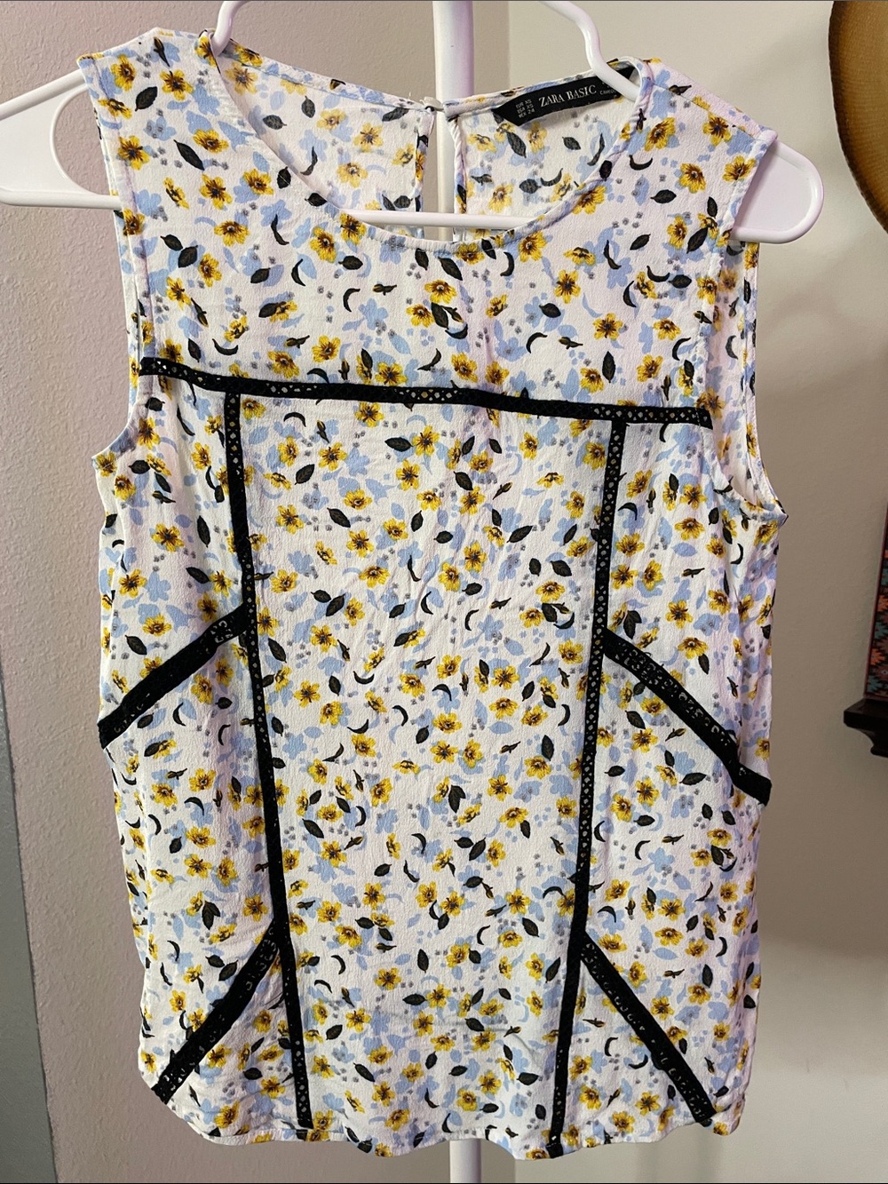 Zara Sleeveless White Top with Yellow & Light Blue Floral Print and Black Trim